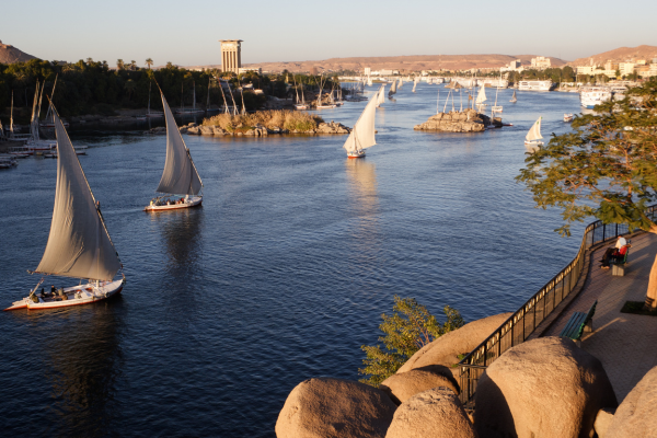 Yachts on a river in Aswan, Egypt